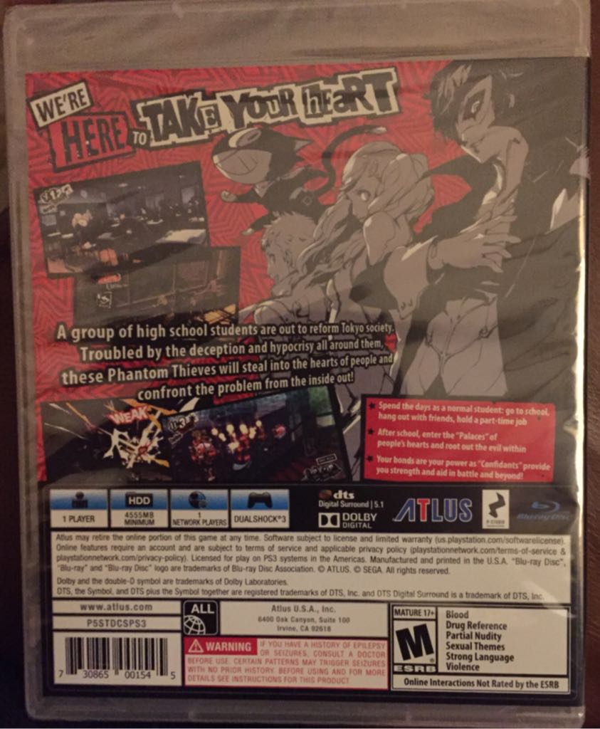 Persona 5 PS3 - Sony PlayStation 3 (PS3) (Atlus USA - 1) video game collectible [Barcode 730865001545] - Main Image 2