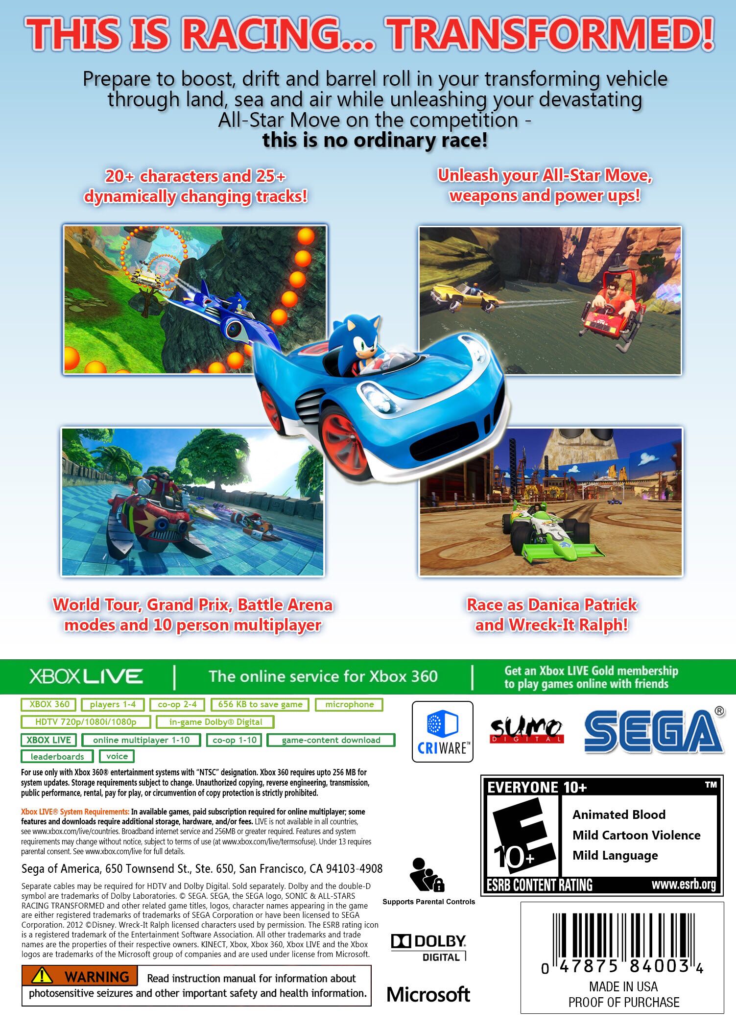 Sonic & All Stars Racing Transformed - Microsoft Xbox Live Arcade (XBLA) (Sega - 4) video game collectible - Main Image 2