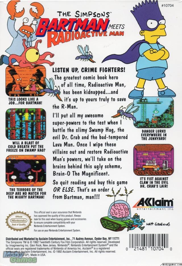 The Simpsons Bartman Meets Radioactive Man - Nintendo Entertainment System (NES) (Akklaim Entertainment) video game collectible - Main Image 2