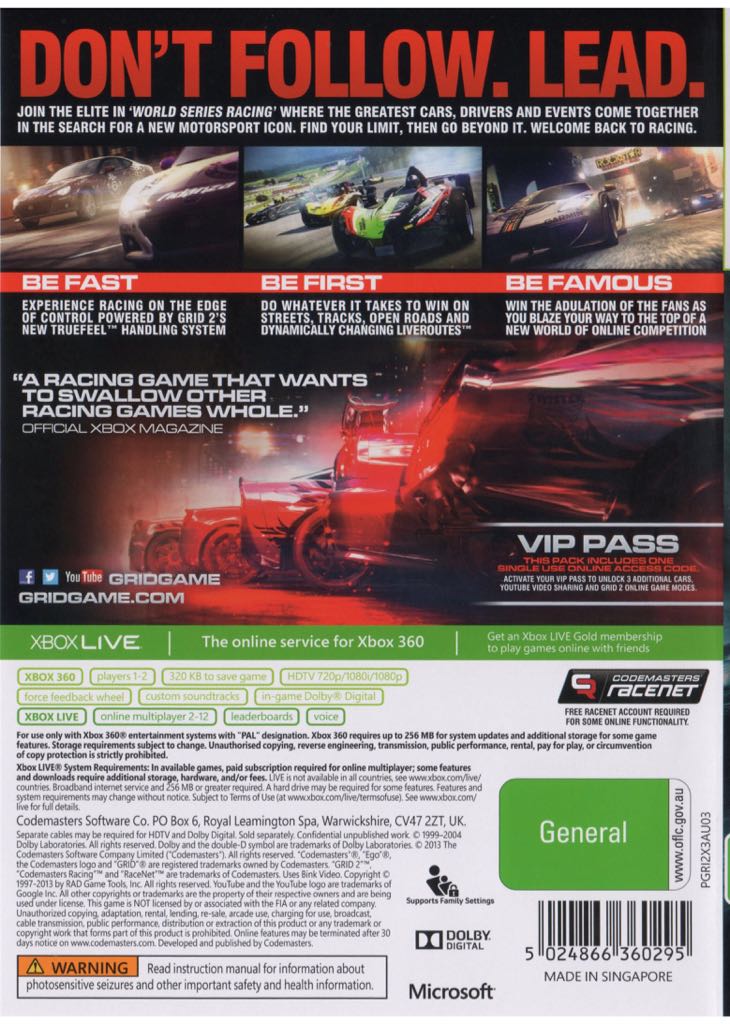 GRID 2 - Microsoft Xbox 360 (Codemasters Racing - 1-2) video game collectible [Barcode 883929287239] - Main Image 2