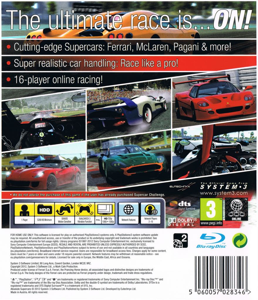 Absolute Supercars - Sony PlayStation 3 (PS3) (System 3 - 1) video game collectible [Barcode 5060057028346] - Main Image 2