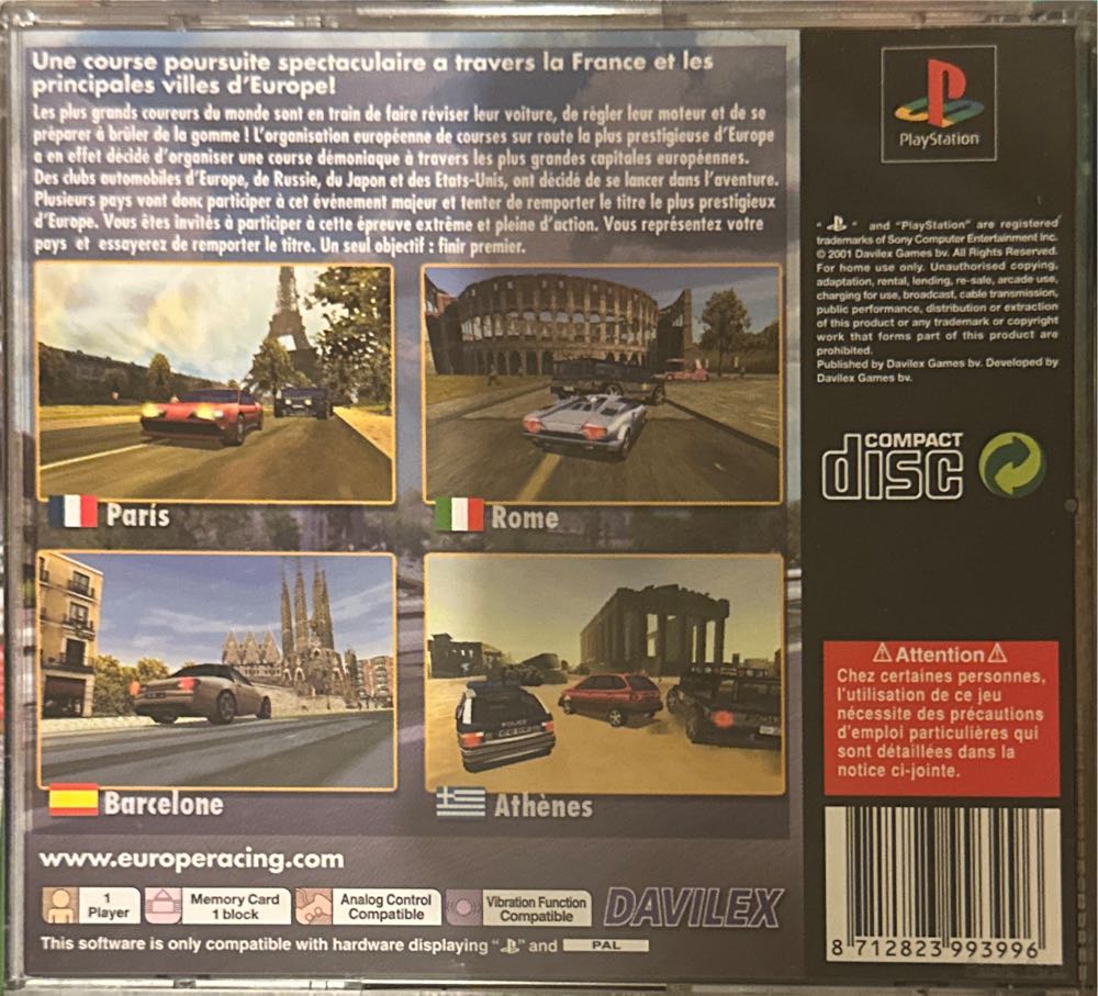 ($2001) Europe Racing - Sony PlayStation video game collectible [Barcode 8712823993996] - Main Image 2