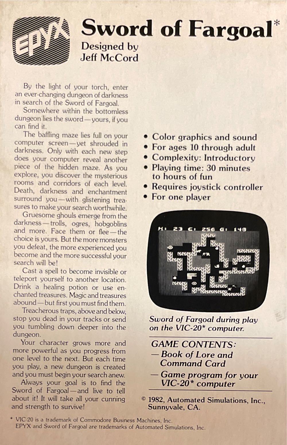 Sword Of Fargoal - Commodore Vic20 (Epyx) video game collectible - Main Image 2