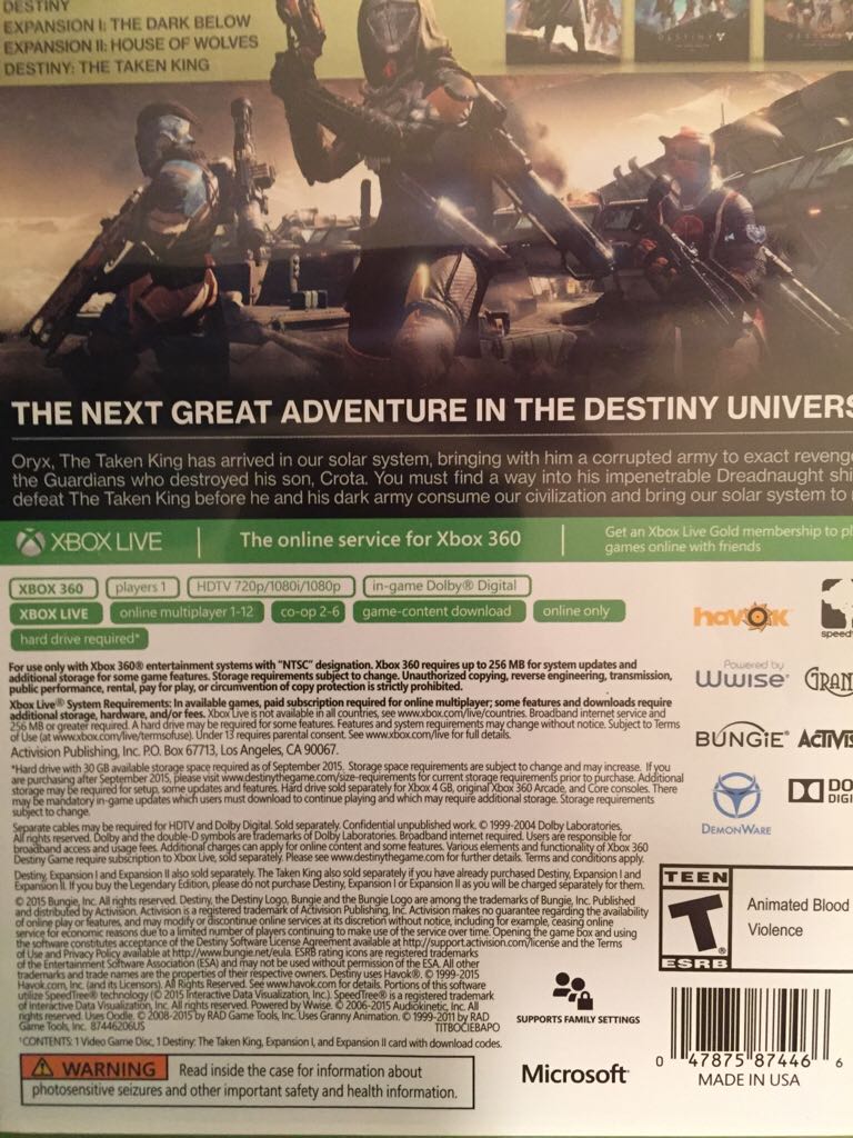 Destiny: The Taken King - Microsoft Xbox 360 (Bungie/Activision - 1) video game collectible [Barcode 047875874466] - Main Image 2
