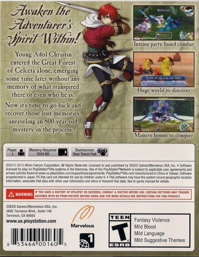 Ys Memories Of Celceta - Sony PlayStation Vita (PS Vita) (NIS America - 1) video game collectible [Barcode 813633013213] - Main Image 2