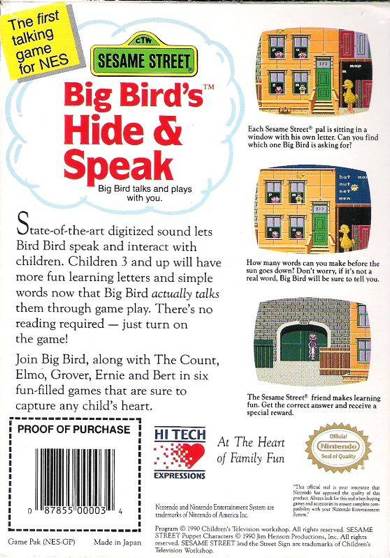 Sesame Street Big Bird’s Hide And Speek - Nintendo Entertainment System (NES) video game collectible - Main Image 2