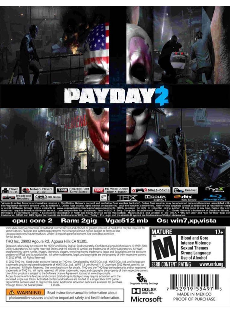 Payday 2 - Sony PlayStation 3 (PS3) (505 Games - 1) video game collectible [Barcode 8023171032382] - Main Image 2