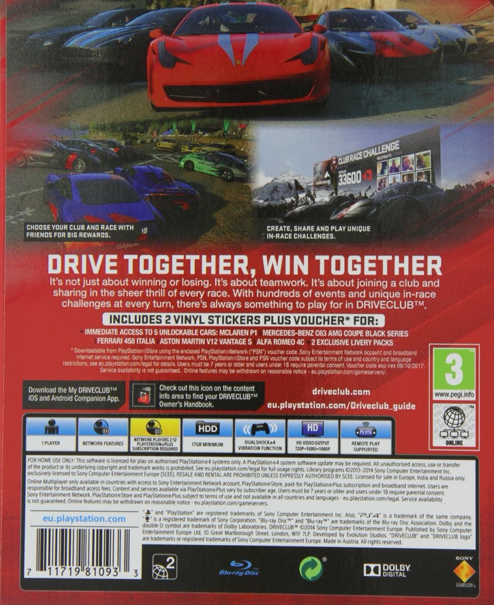 Driveclub - Sony PlayStation 4 (PS4) (Sony - 1) video game collectible [Barcode 711719811237] - Main Image 2