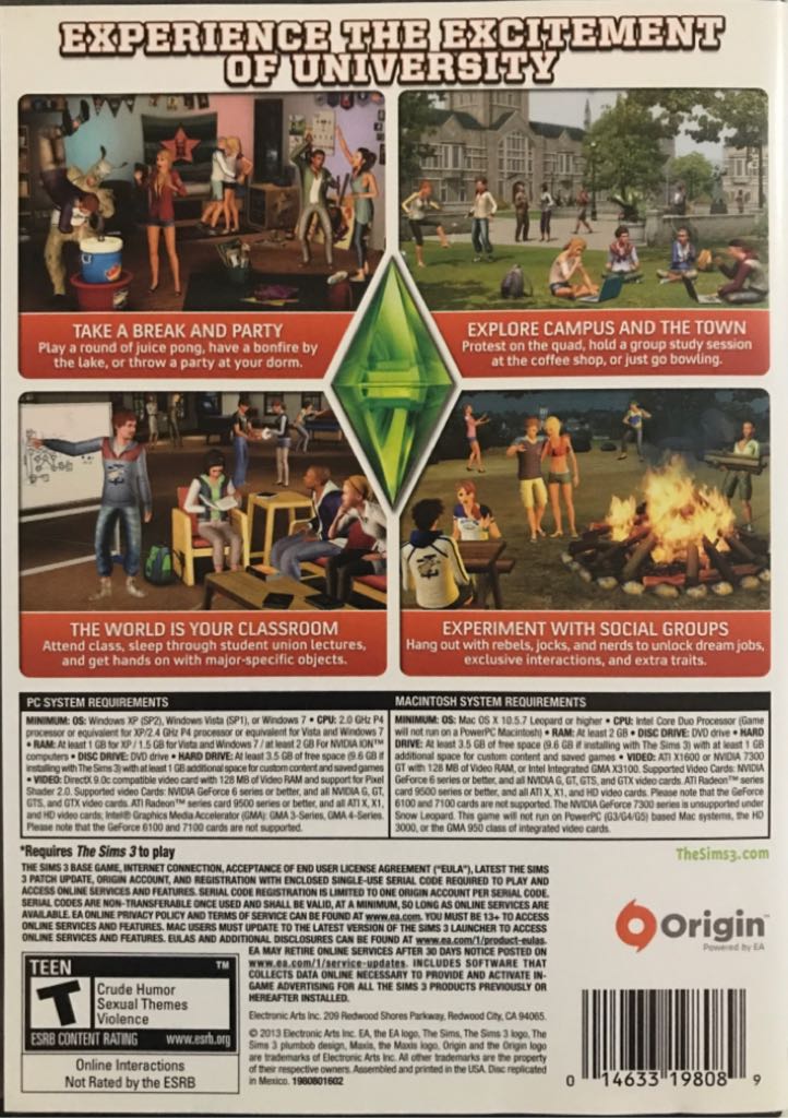 Sims 3: University Life - PC (Electronic Arts - 1) video game collectible [Barcode 014633198089] - Main Image 2