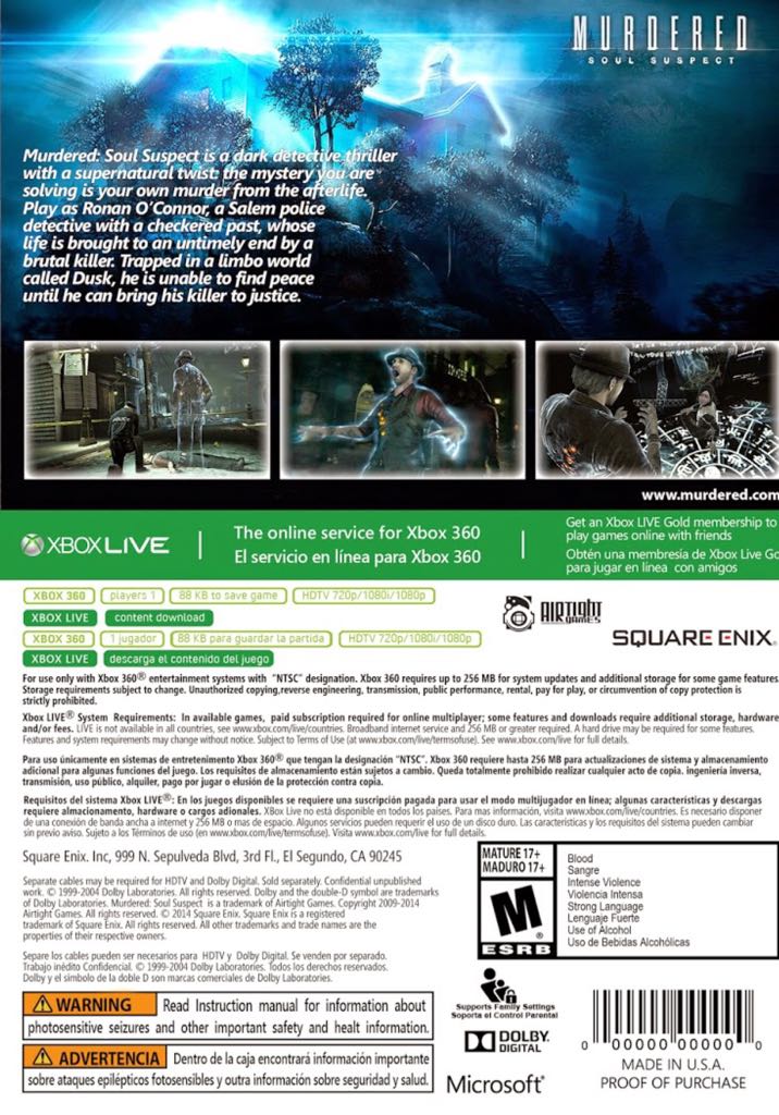 Murdered: Soul Suspect - Microsoft Xbox 360 (Eidos Interactive, Square Enix, Konami, Square Enix Europe, Warner Bros. Interactive Entertainment - 1) video game collectible [Barcode 5021290062962] - Main Image 2