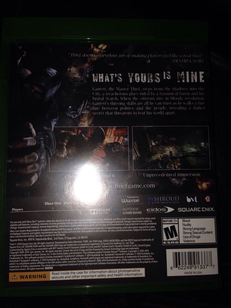 Thief - Microsoft Xbox One (Square Enix - 1) video game collectible [Barcode 662248913377] - Main Image 2