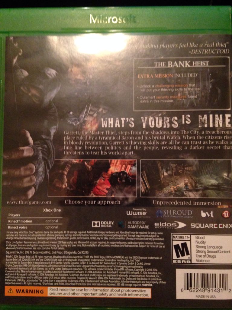Thief - Microsoft Xbox One (Square Enix - 1) video game collectible [Barcode 662248914312] - Main Image 2