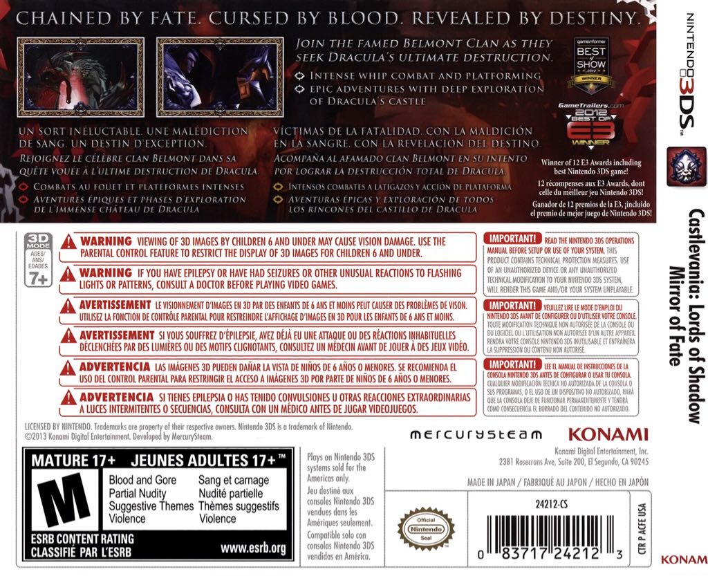 Castlevania: Lord of Shadow - Mirror of Fate - Nintendo 3DS (Konami Digital Entertainment, Inc. - 1) video game collectible [Barcode 018113993294] - Main Image 2