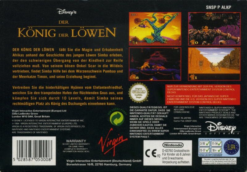 Der König Der Löwen - Nintendo Super Nintendo Entertainment System (SNES) video game collectible - Main Image 2