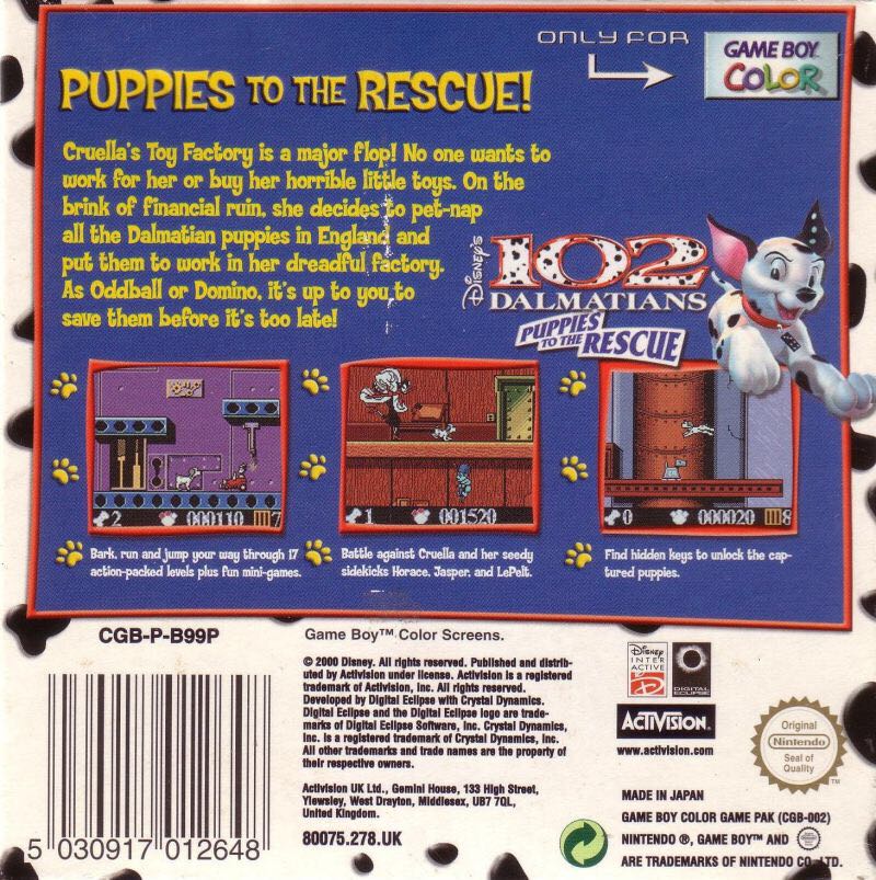 102 Dalmatians Puppies To The Rescue - Nintendo Game Boy Color (Activision - 1) video game collectible [Barcode 047875800755] - Main Image 2