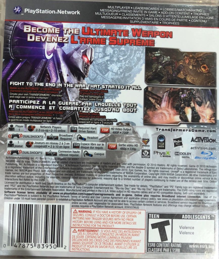 Transformers: War For Cybertron - Sony PlayStation 3 (PS3) (Activision Blizzard - 1) video game collectible [Barcode 047875839502] - Main Image 2
