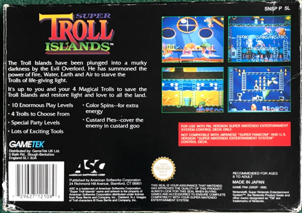 Super Troll Islands - Nintendo Super Nintendo Entertainment System (SNES) (American Softworks Corp - 1) video game collectible [Barcode 729627121089] - Main Image 2