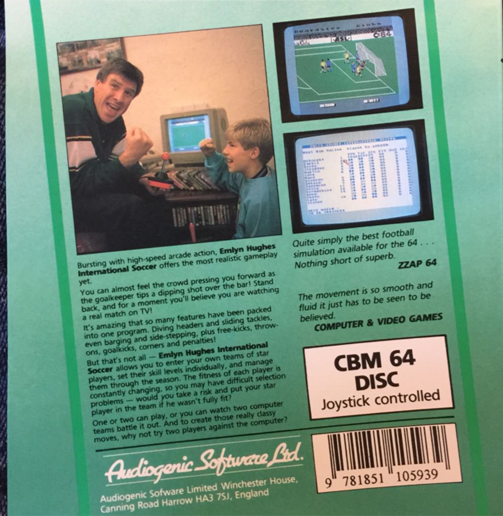 Emlyn Hughes International Soccer - Commodore 64 (Audiogenic Software Ltd. - 1-2) video game collectible [Barcode 9781851105939] - Main Image 2