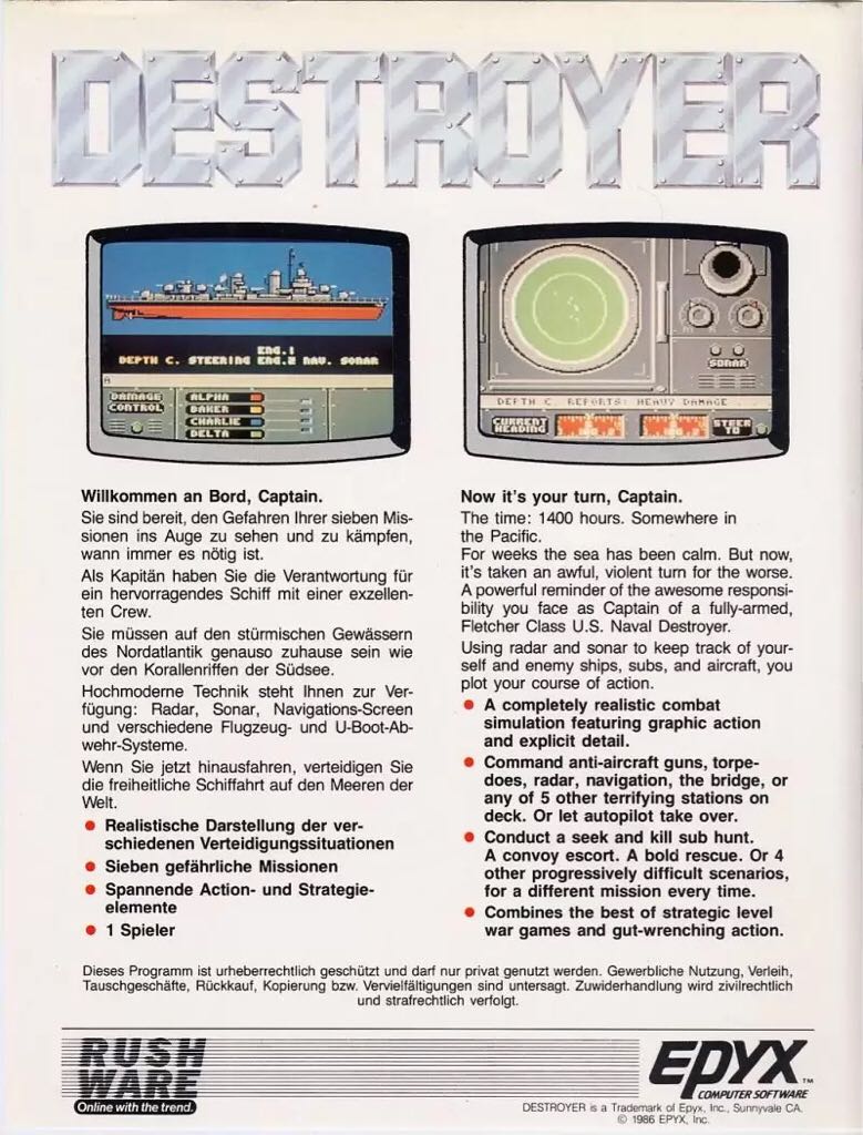 Destroyer - Commodore 64 (Epyx, Inc.) video game collectible - Main Image 2