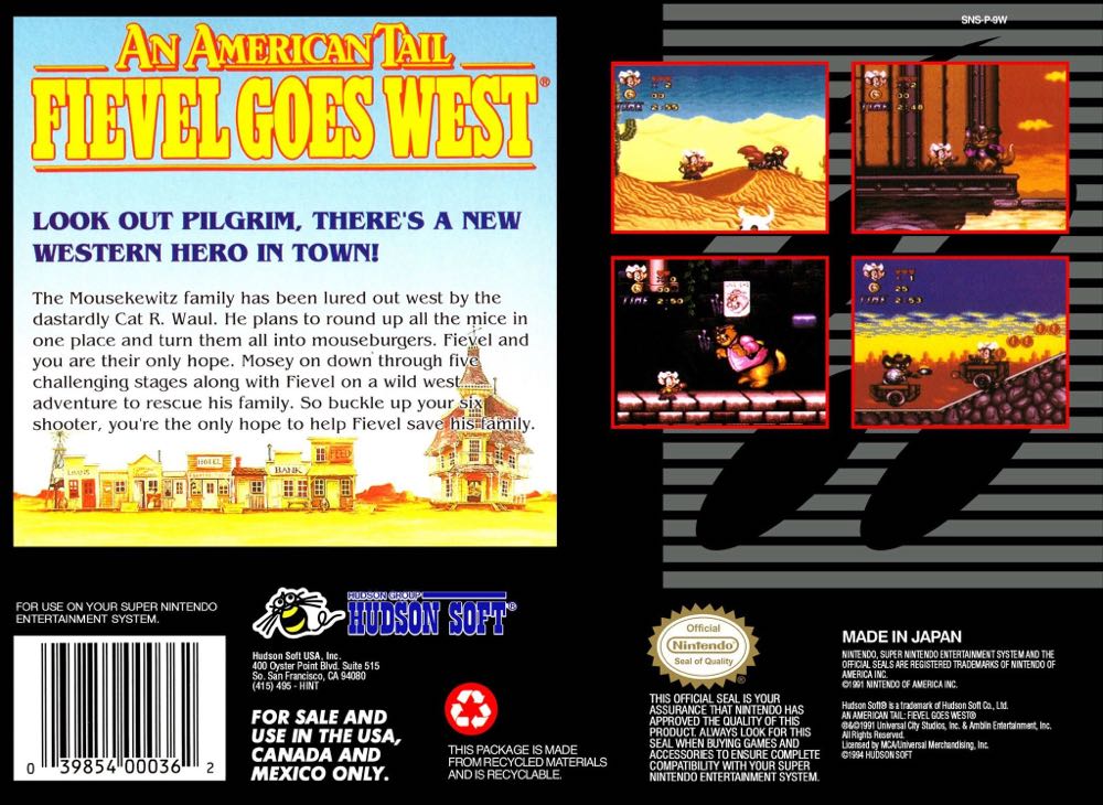 An American Tail: Fievel Goes West - Nintendo Super Nintendo Entertainment System (SNES) (Hudson Soft - 1) video game collectible - Main Image 2