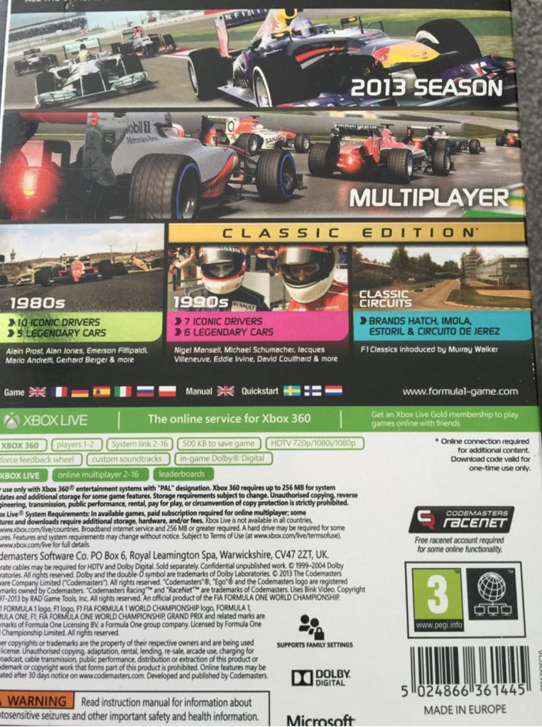 F1 2013 - Classic Edition (Slip Cover) - Microsoft Xbox 360 (Codemasters - 1-2) video game collectible [Barcode 5024866361445] - Main Image 2