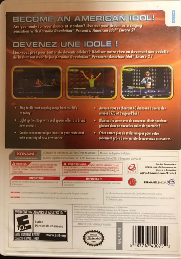 Karaoke Revolution Presents: American Idol Encore 2 - Nintendo Wii (Konami - 2) video game collectible [Barcode 083717400752] - Main Image 2