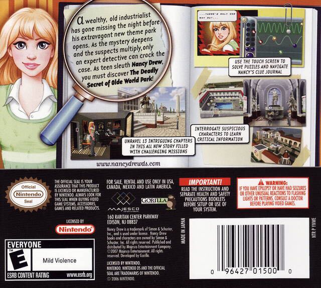 Nancy Drew - The Deadly Secret of Olde World Park - Nintendo DS (Eidos Interactive, Majesco Entertainment - 1) video game collectible [Barcode 5060136650185] - Main Image 2