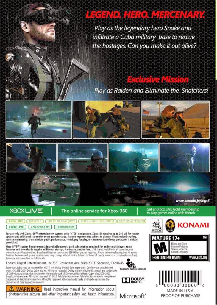 Metal Gear Solid V: Ground Zeroes - Microsoft Xbox 360 video game collectible - Main Image 2