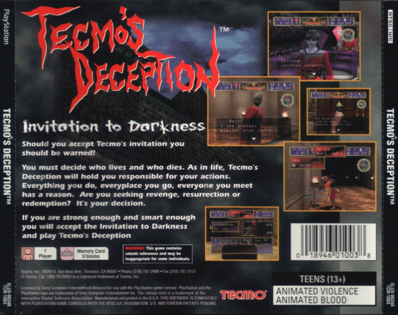 Tecmo’s Deception: Invitation to Darkness - Sony PlayStation (Tecmo - 1) video game collectible [Barcode 018946010038] - Main Image 2