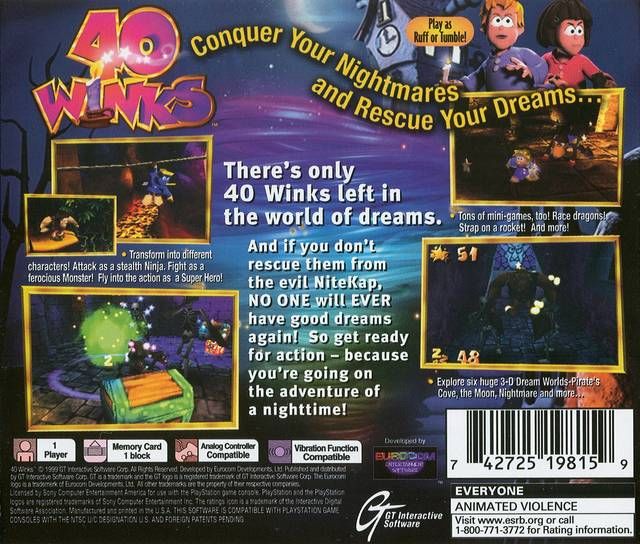 40 Winks Conquer Your Dreams - Sony PlayStation (GT Interactive - 1) video game collectible [Barcode 5029988007684] - Main Image 2