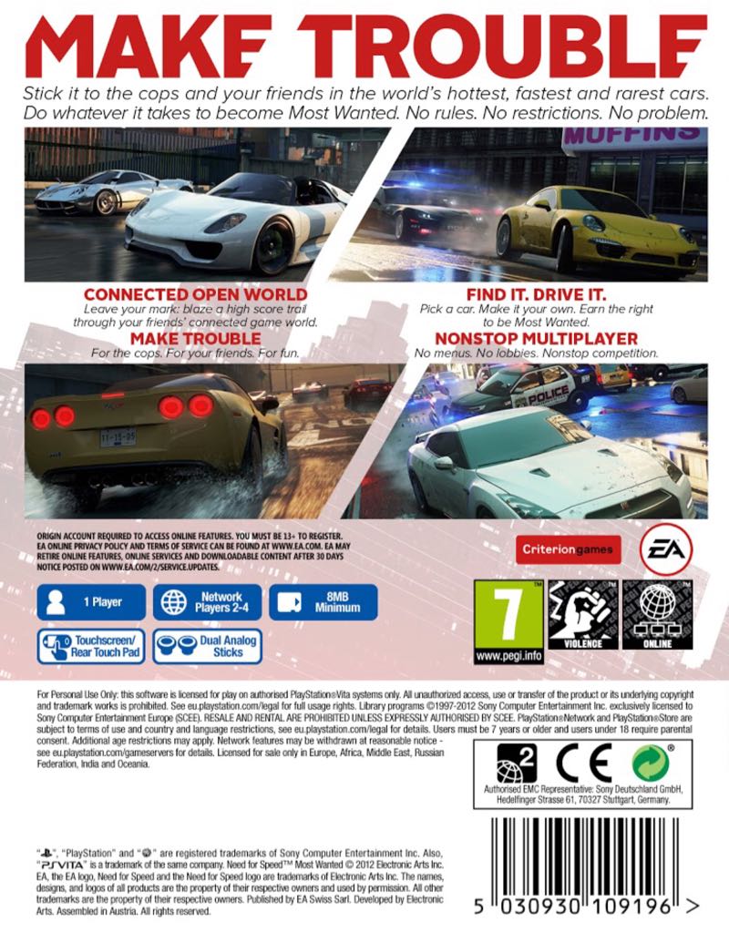 Need for Speed: Most Wanted - Sony PlayStation Vita (PS Vita) (Electronic Arts - 8) video game collectible [Barcode 5030934110389] - Main Image 2