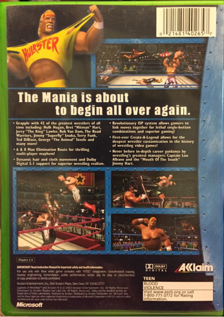 Legends of Wrestling - Microsoft Xbox (Akklaim - 4) video game collectible [Barcode 021481402657] - Main Image 2