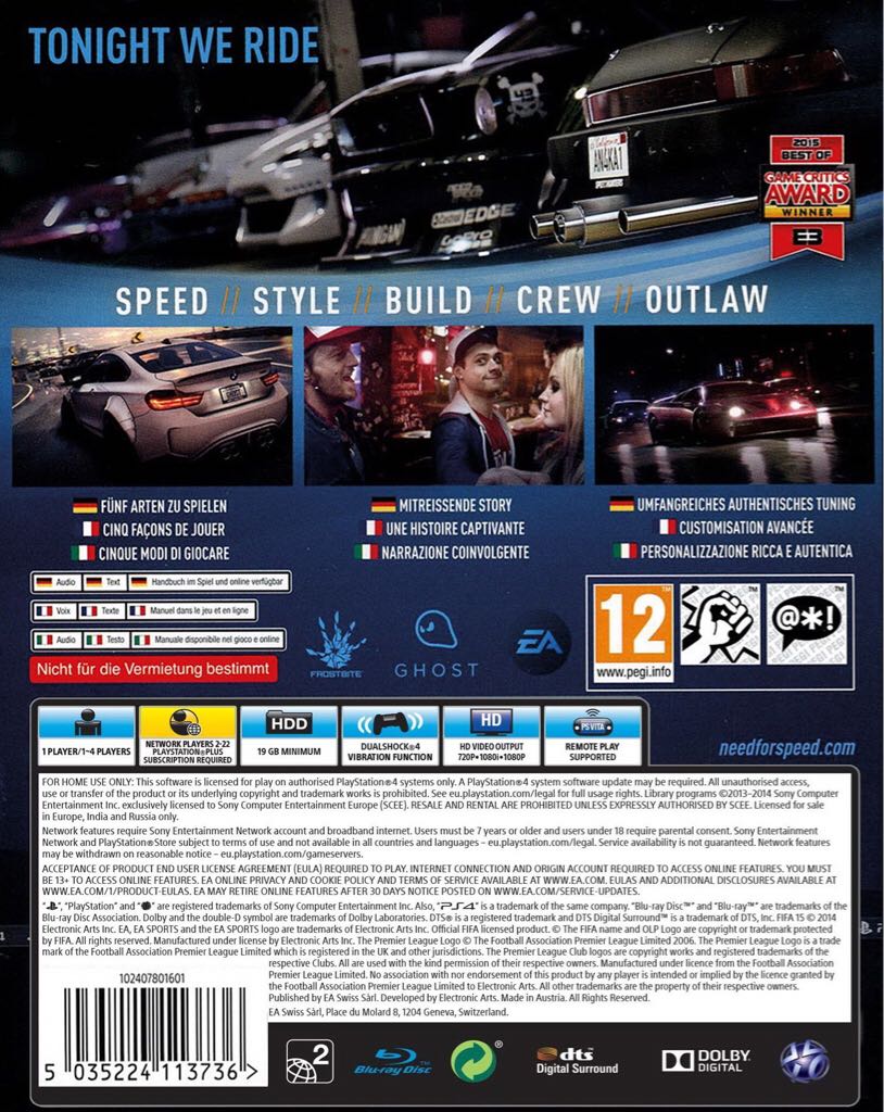 Need for Speed - Sony PlayStation 4 (PS4) (Eletronic Arts - 1 - 22) video game collectible [Barcode 5035224113736] - Main Image 2