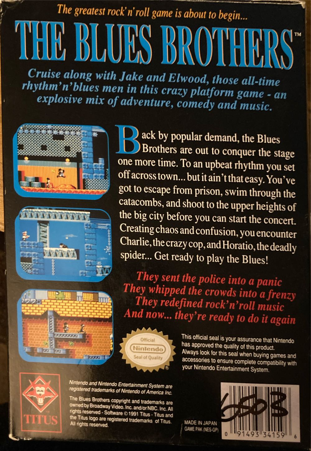 The Blues Brothers - Nintendo Entertainment System (NES) (Titus Software) video game collectible [Barcode 091493341596] - Main Image 2