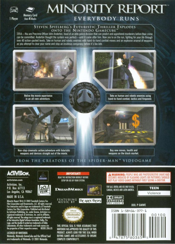 Minority Report - Nintendo GameCube (Activision - 1) video game collectible [Barcode 5030917018817] - Main Image 2