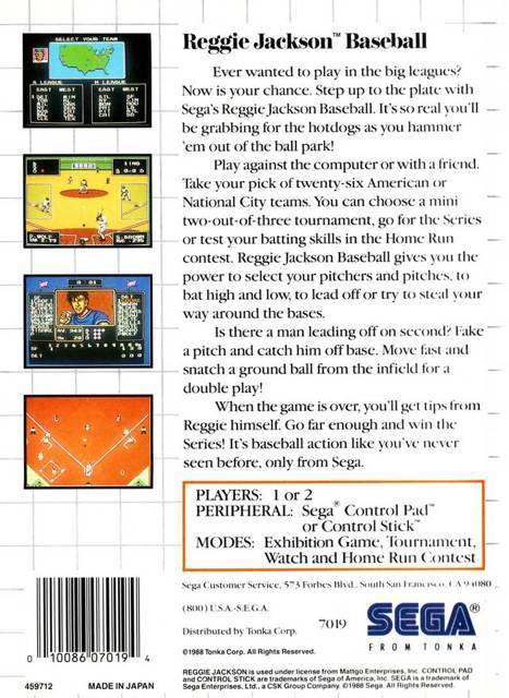 Reggie Jackson Baseball - Sega Master System (Tonka Corp. - 1-2) video game collectible [Barcode 010086070194] - Main Image 2