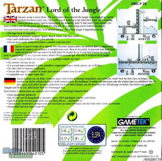 Tarzan: Lord Of The Jungle - Nintendo Game Boy (GameTek) video game collectible [Barcode 5026555040105] - Main Image 2