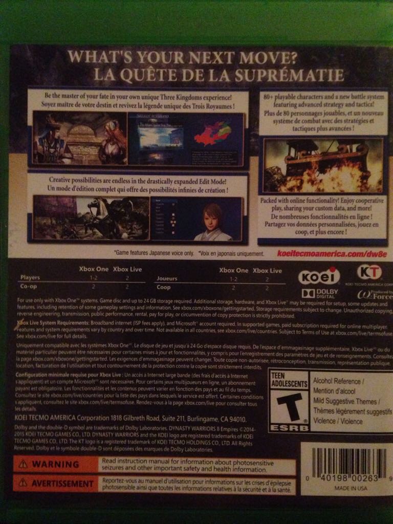 Dynasty Warriors 8: Empires (R) - Microsoft Xbox One (Koei Tecmo - 2) video game collectible [Barcode 040198002639] - Main Image 2