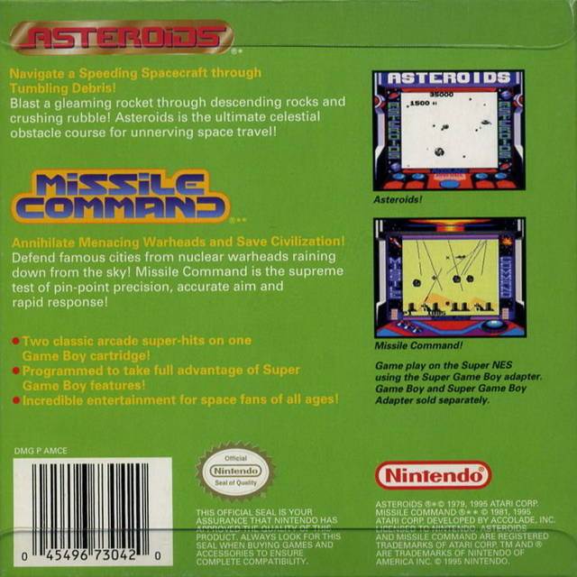 Arcade Classic 1: Asteroids / Missile Command - Nintendo Game Boy (Accolade - 1 Players) video game collectible [Barcode 045496730420] - Main Image 2