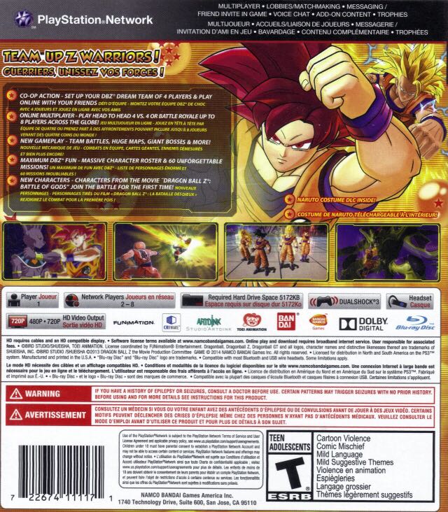 Dragon Ball Z: Battle of Z - Sony PlayStation 3 (PS3) (Badai Namco Games - 1-8) video game collectible [Barcode 722674111171] - Main Image 2