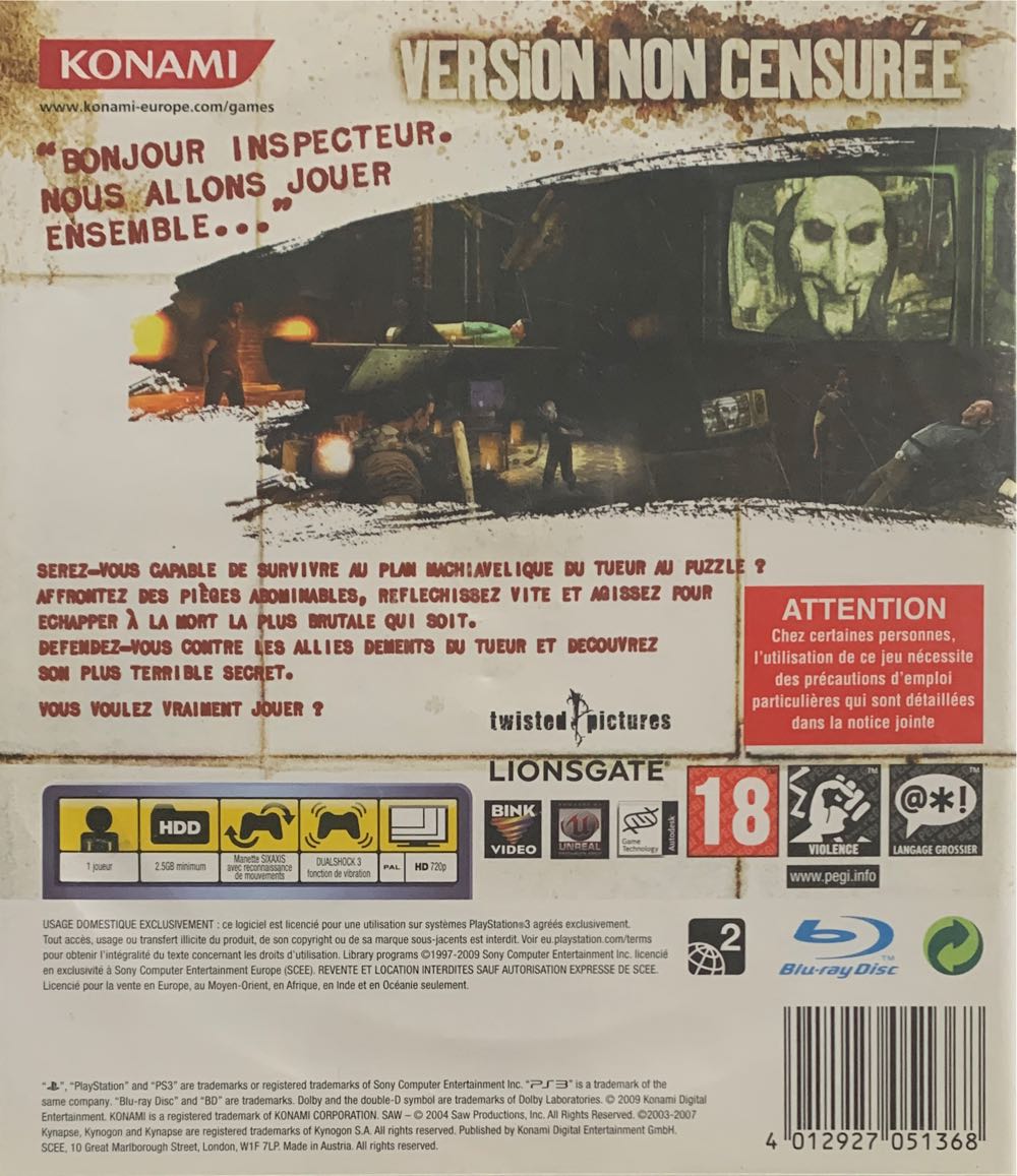 PS3 / Saw - Sony PlayStation 3 (PS3) (Konami - 1) video game collectible [Barcode 4012927051368] - Main Image 2