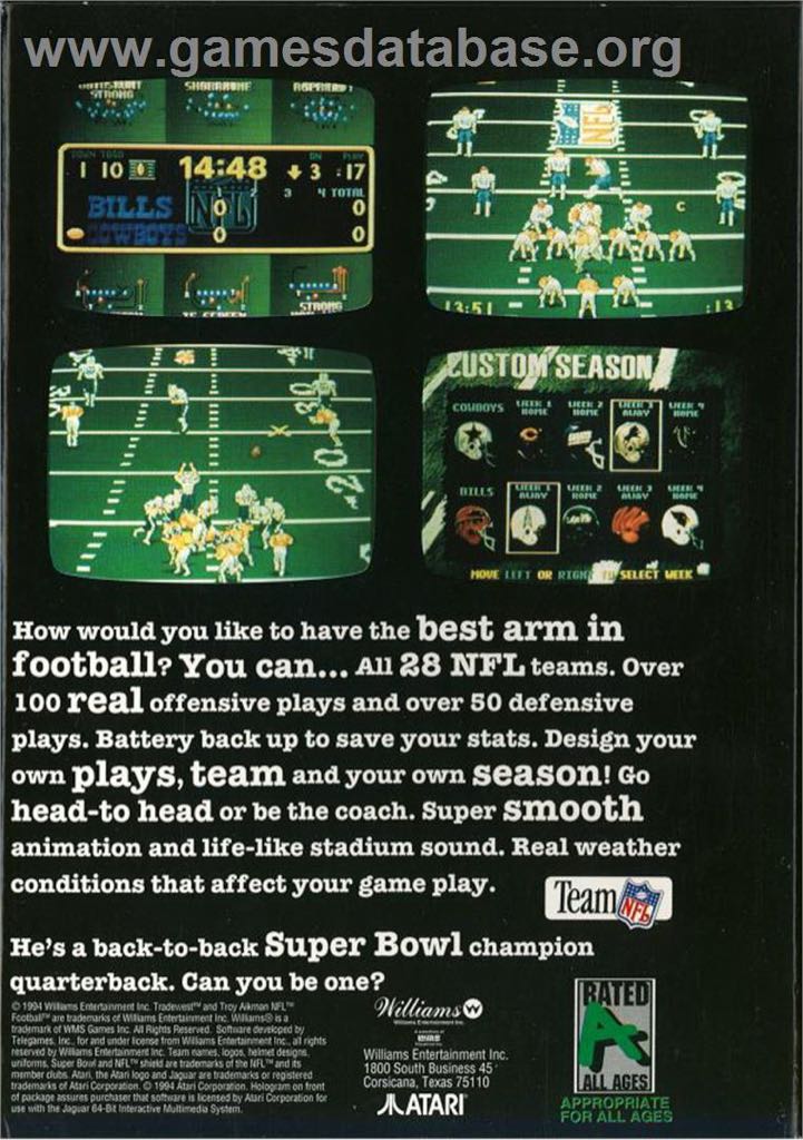 Troy Aikman NFL Football - Atari Jaguar (Williams - 1-2) video game collectible [Barcode 031719219421] - Main Image 2