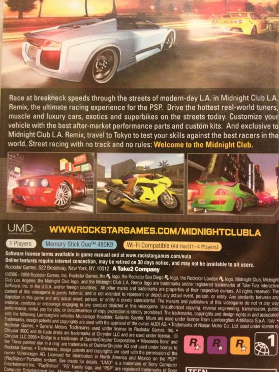 Midnight Club: Los Angeles Remix - Sony PlayStation Portable (PSP) (Rockstar North - 1) video game collectible [Barcode 710425334368] - Main Image 2