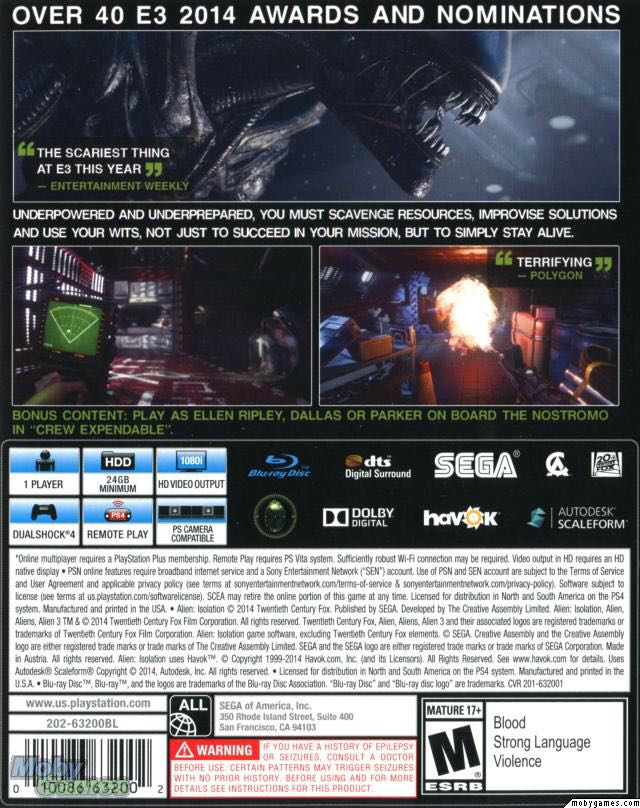 Alien Isolation: Nostromo Edition - Sony PlayStation 3 (PS3) (Sega - 1) video game collectible [Barcode 010086690743] - Main Image 2
