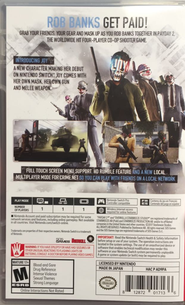 Payday2 - Nintendo Switch (Starbreeze Studios - 1) video game collectible [Barcode 812872017136] - Main Image 2