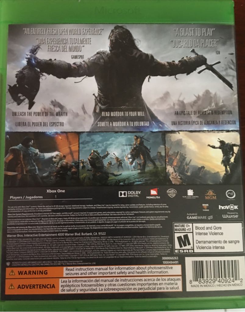 Shadow Of Mordor - Microsoft Xbox One (Warner Bros Games - 1) video game collectible [Barcode 883929409242] - Main Image 2