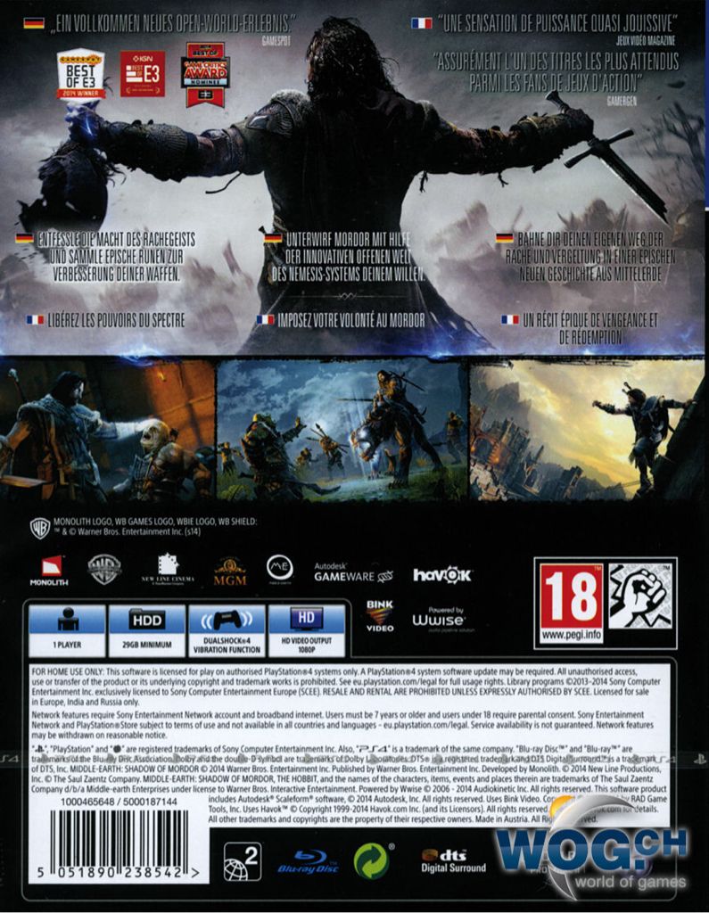 Middle-Earth: Shadow of Mordor - Sony PlayStation 4 (PS4) (Warner Bros. Interactive - 1) video game collectible [Barcode 5051298168687] - Main Image 2