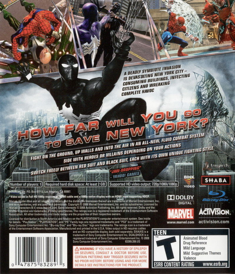 Spiderman: The Web of Shadows. 29.92 - Sony PlayStation 3 (PS3) (Activision - 1) video game collectible [Barcode 5030917058752] - Main Image 2