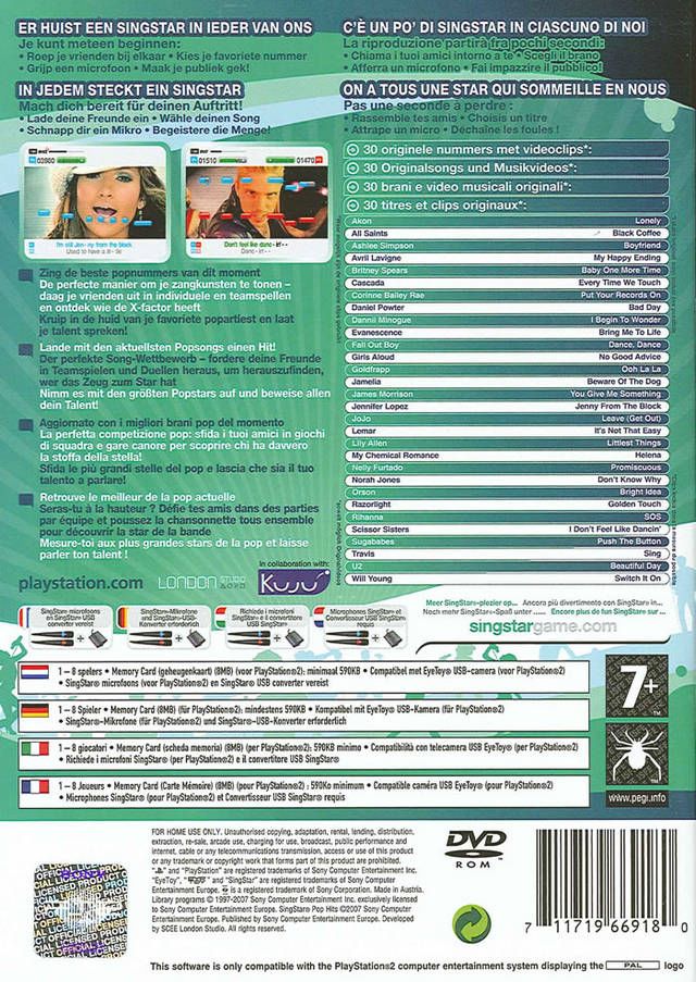 Singstar Pop Hits - Sony PlayStation 2 (PS2) (Sony Computer Entertainment - 1-8) video game collectible [Barcode 711719674481] - Main Image 2