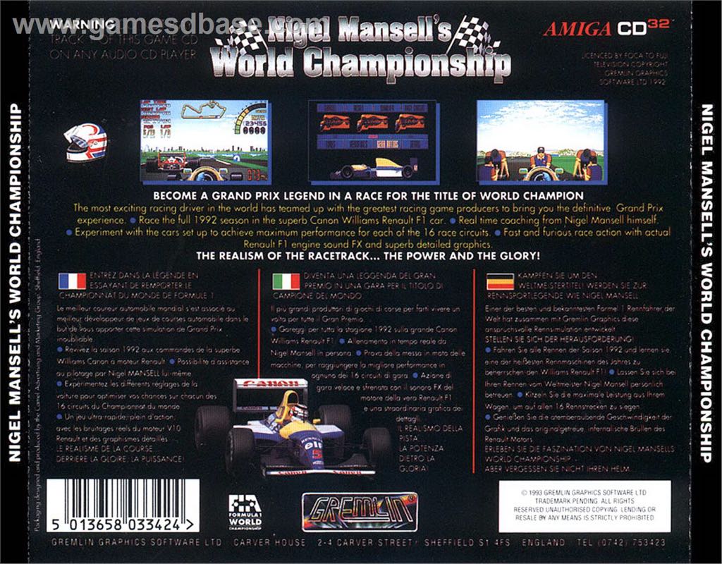 Nigel Mansell’s World Championship - Amiga CD32 (Gremlin Graphics) video game collectible [Barcode 5013658033424] - Main Image 2